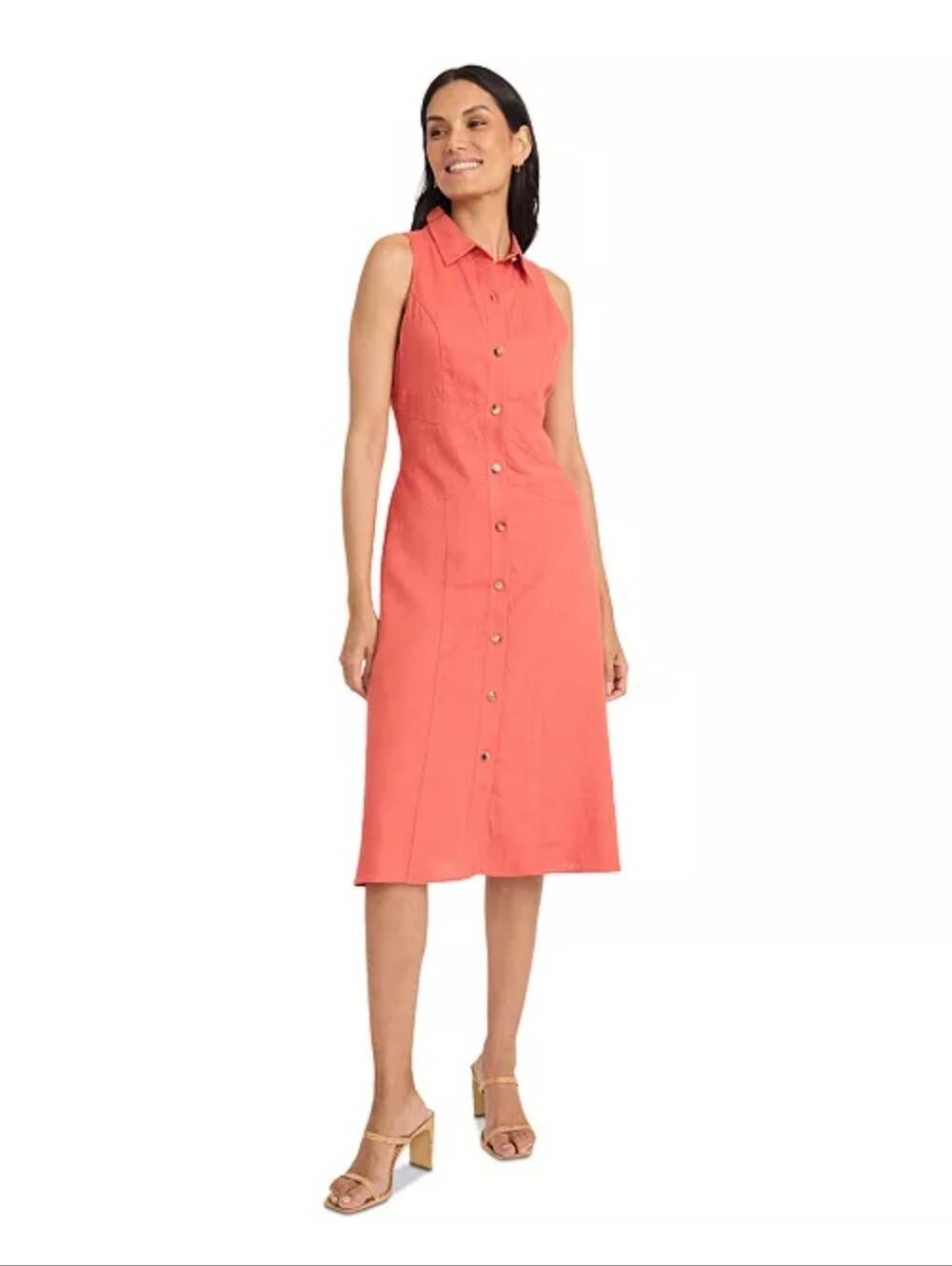 Maggy London NWT Linen Blend Coral Button Front Midi Dress Size 12 $128 Chic